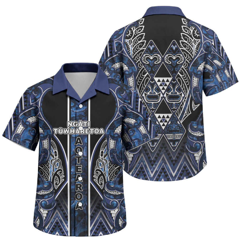 Aotearoa Tuwharetoa Family Matching Off Shoulder Maxi Dress and Hawaiian Shirt Maori Tribal Navy Paua Shell Pattern