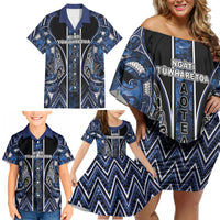 Aotearoa Tuwharetoa Family Matching Off Shoulder Short Dress and Hawaiian Shirt Maori Tribal Navy Paua Shell Pattern