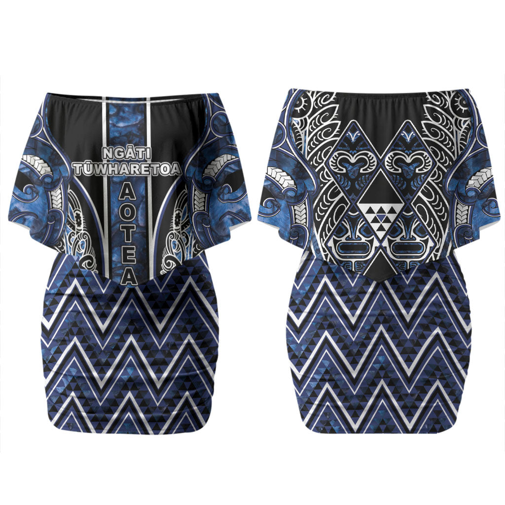 Aotearoa Tuwharetoa Family Matching Off Shoulder Short Dress and Hawaiian Shirt Maori Tribal Navy Paua Shell Pattern