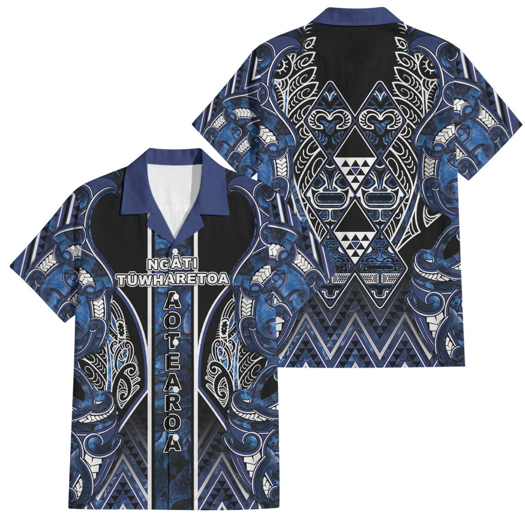 Aotearoa Tuwharetoa Family Matching Off Shoulder Short Dress and Hawaiian Shirt Maori Tribal Navy Paua Shell Pattern