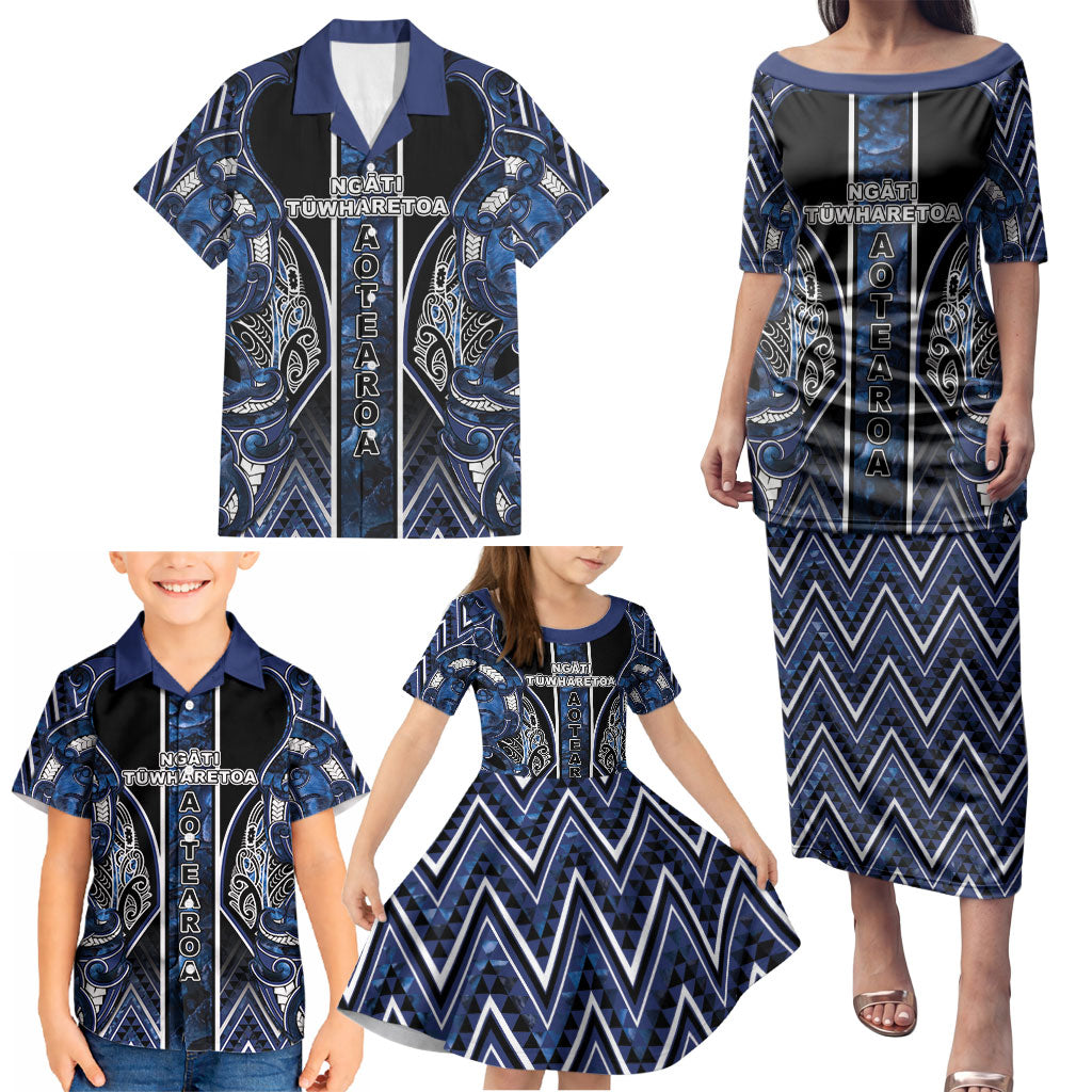 Aotearoa Tuwharetoa Family Matching Puletasi and Hawaiian Shirt Maori Tribal Navy Paua Shell Pattern DT05 - Polynesian Pride