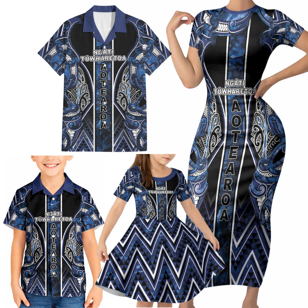 Aotearoa Tuwharetoa Family Matching Short Sleeve Bodycon Dress and Hawaiian Shirt Maori Tribal Navy Paua Shell Pattern DT05 - Polynesian Pride