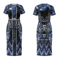 Aotearoa Tuwharetoa Family Matching Short Sleeve Bodycon Dress and Hawaiian Shirt Maori Tribal Navy Paua Shell Pattern
