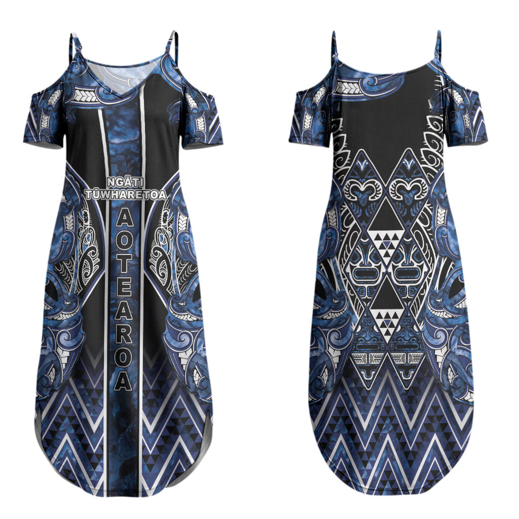 Aotearoa Tuwharetoa Family Matching Summer Maxi Dress and Hawaiian Shirt Maori Tribal Navy Paua Shell Pattern