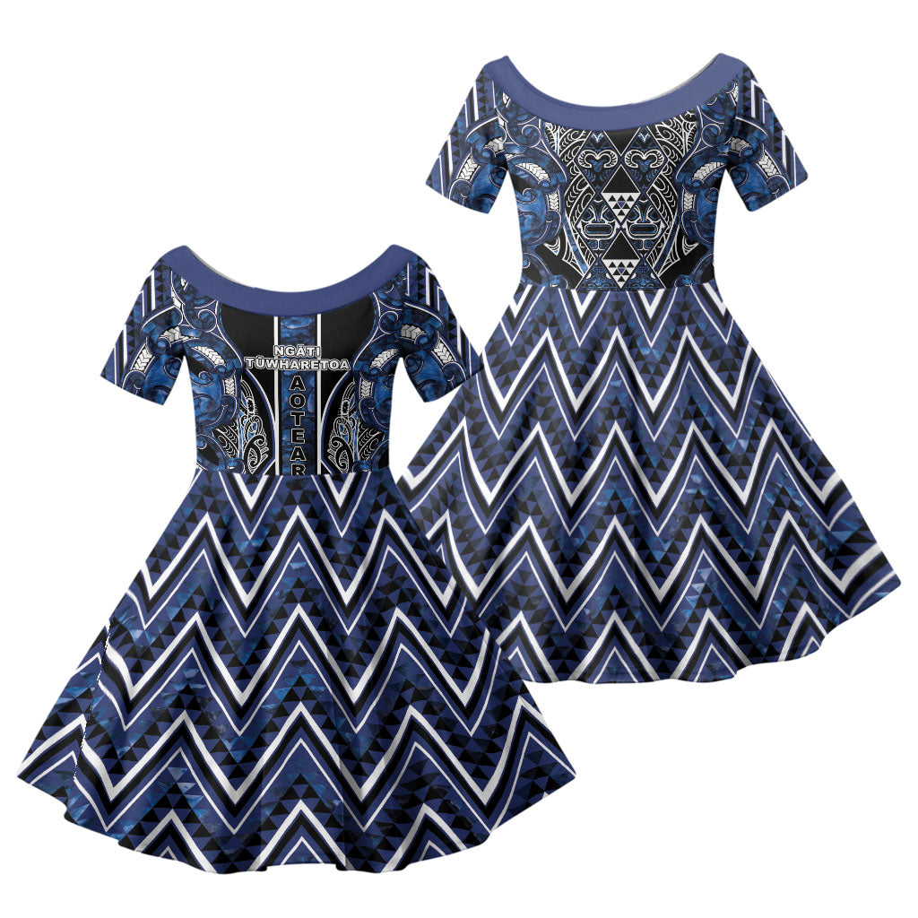 Aotearoa Tuwharetoa Family Matching Summer Maxi Dress and Hawaiian Shirt Maori Tribal Navy Paua Shell Pattern