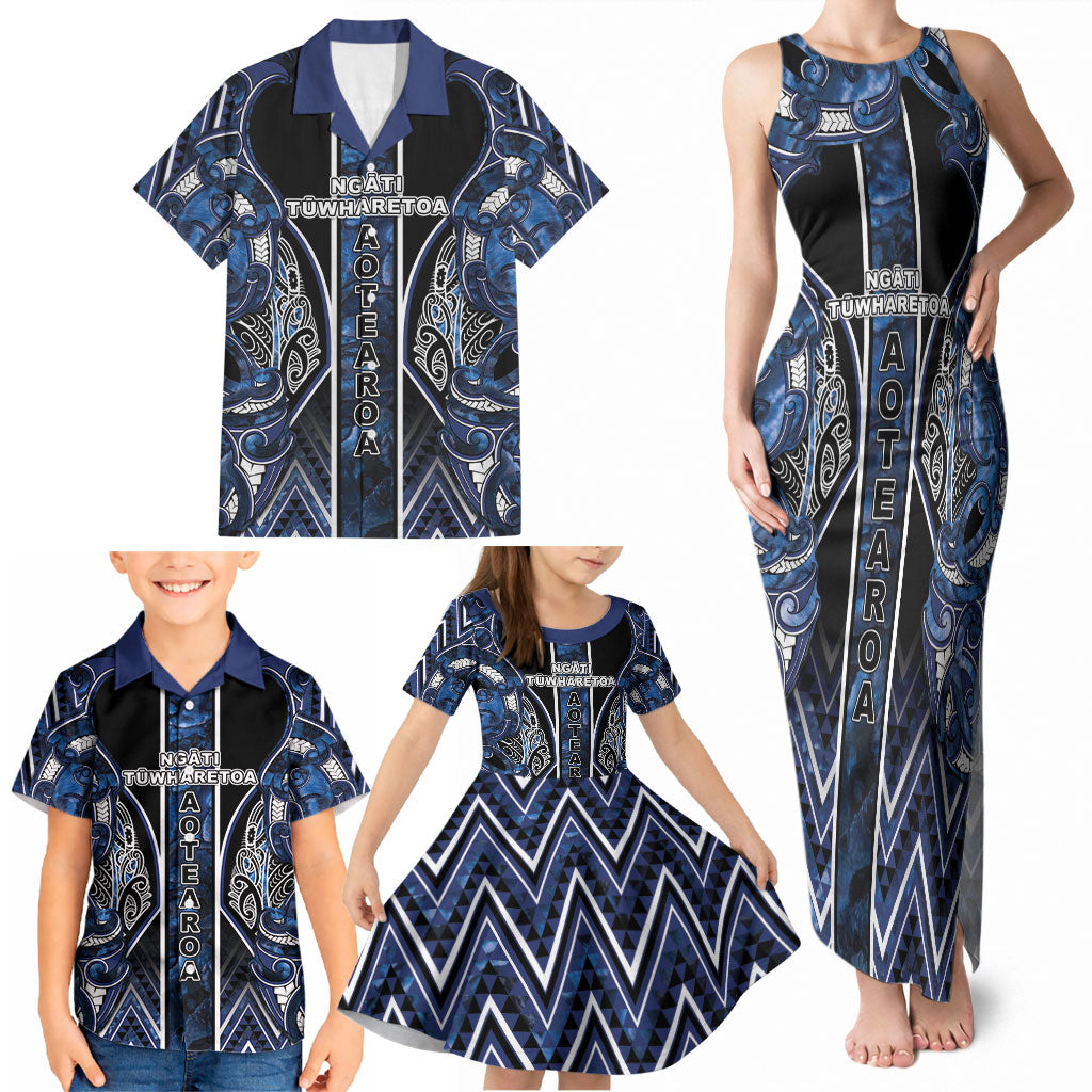 Aotearoa Tuwharetoa Family Matching Tank Maxi Dress and Hawaiian Shirt Maori Tribal Navy Paua Shell Pattern
