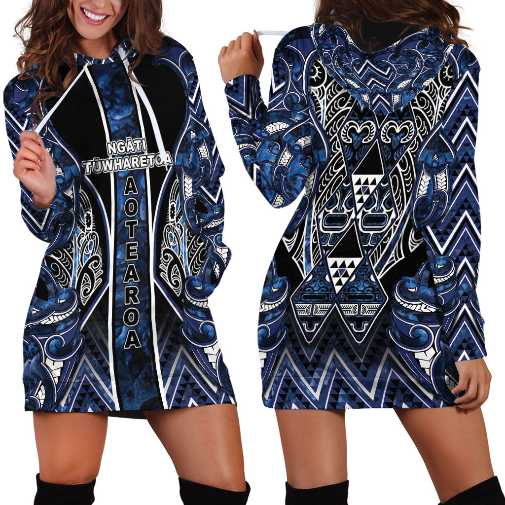 Aotearoa Tuwharetoa Hoodie Dress Maori Tribal Navy Paua Shell Pattern