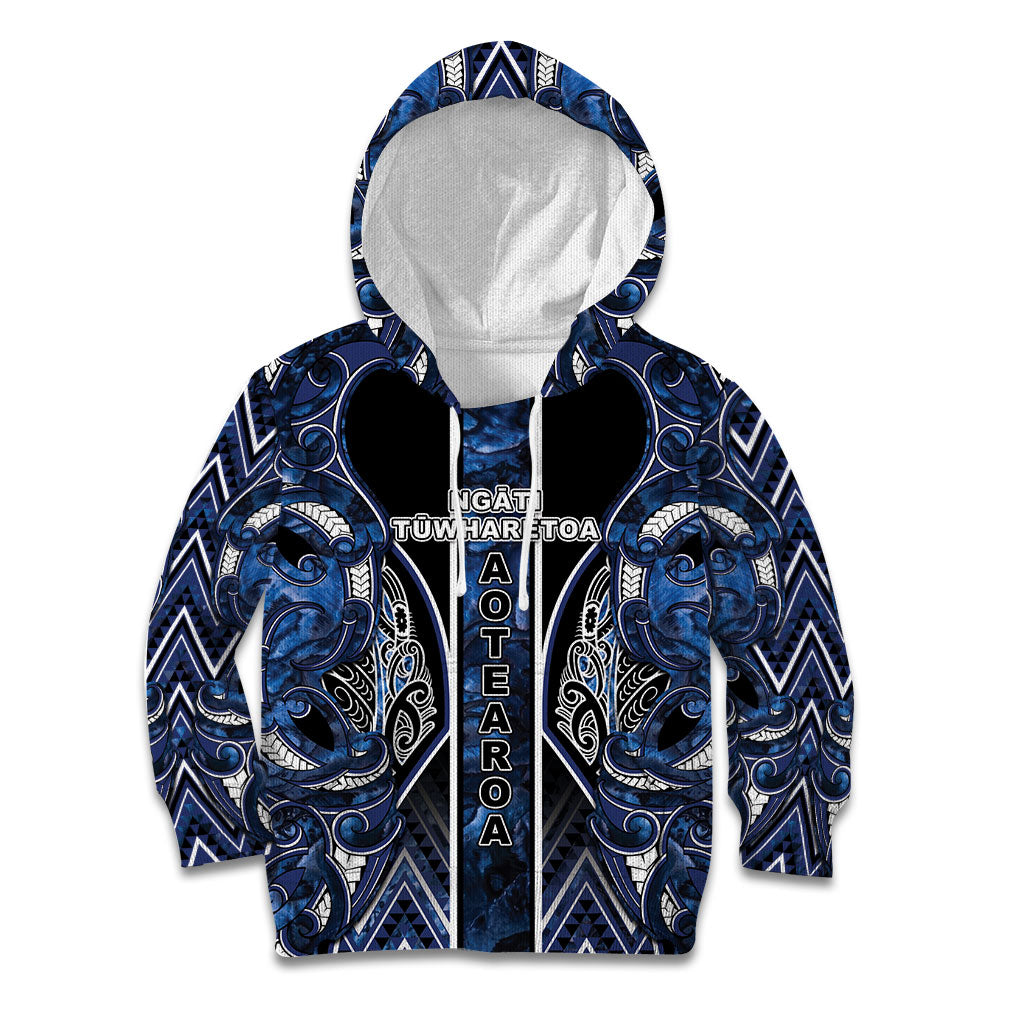 Aotearoa Tuwharetoa Kid Hoodie Maori Tribal Navy Paua Shell Pattern
