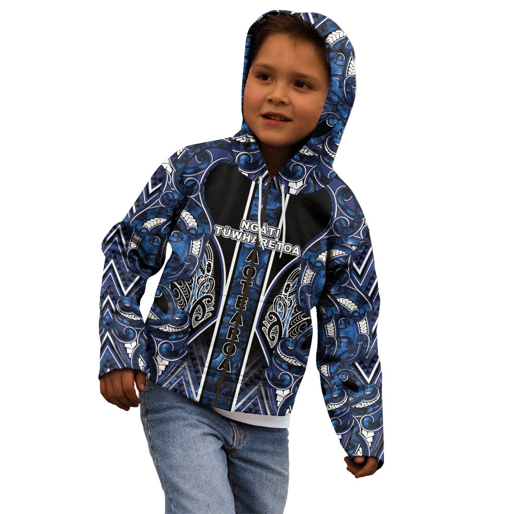 Aotearoa Tuwharetoa Kid Hoodie Maori Tribal Navy Paua Shell Pattern