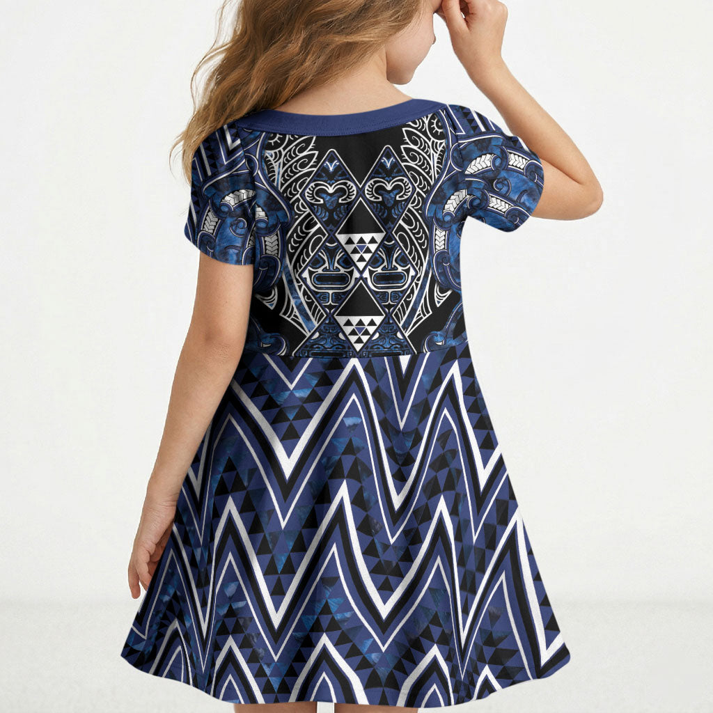 Aotearoa Tuwharetoa Kid Short Sleeve Dress Maori Tribal Navy Paua Shell Pattern