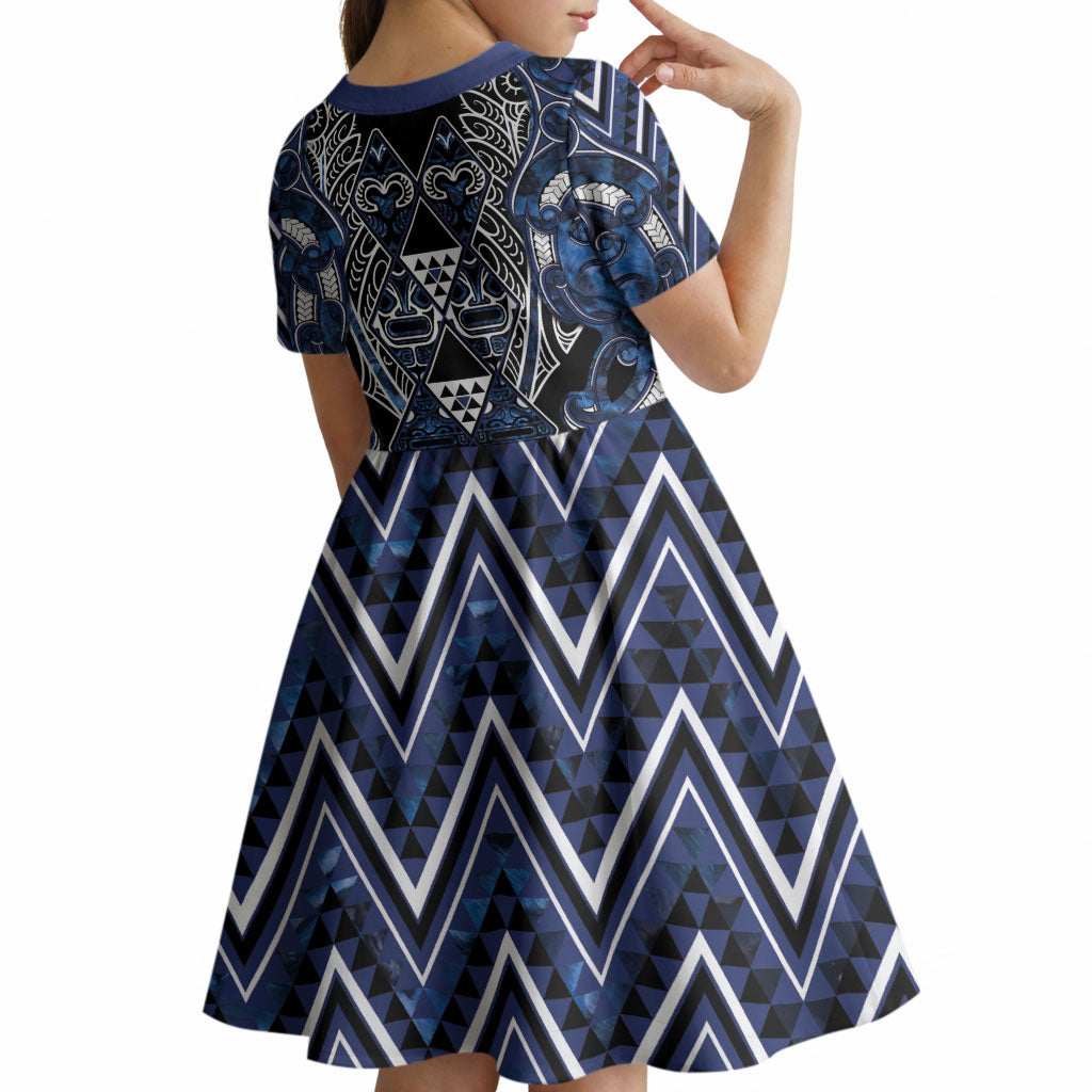 Aotearoa Tuwharetoa Kid Short Sleeve Dress Maori Tribal Navy Paua Shell Pattern