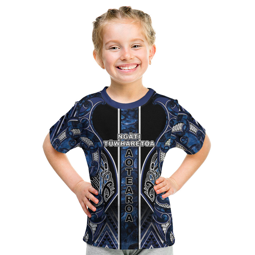 Aotearoa Tuwharetoa Kid T Shirt Maori Tribal Navy Paua Shell Pattern