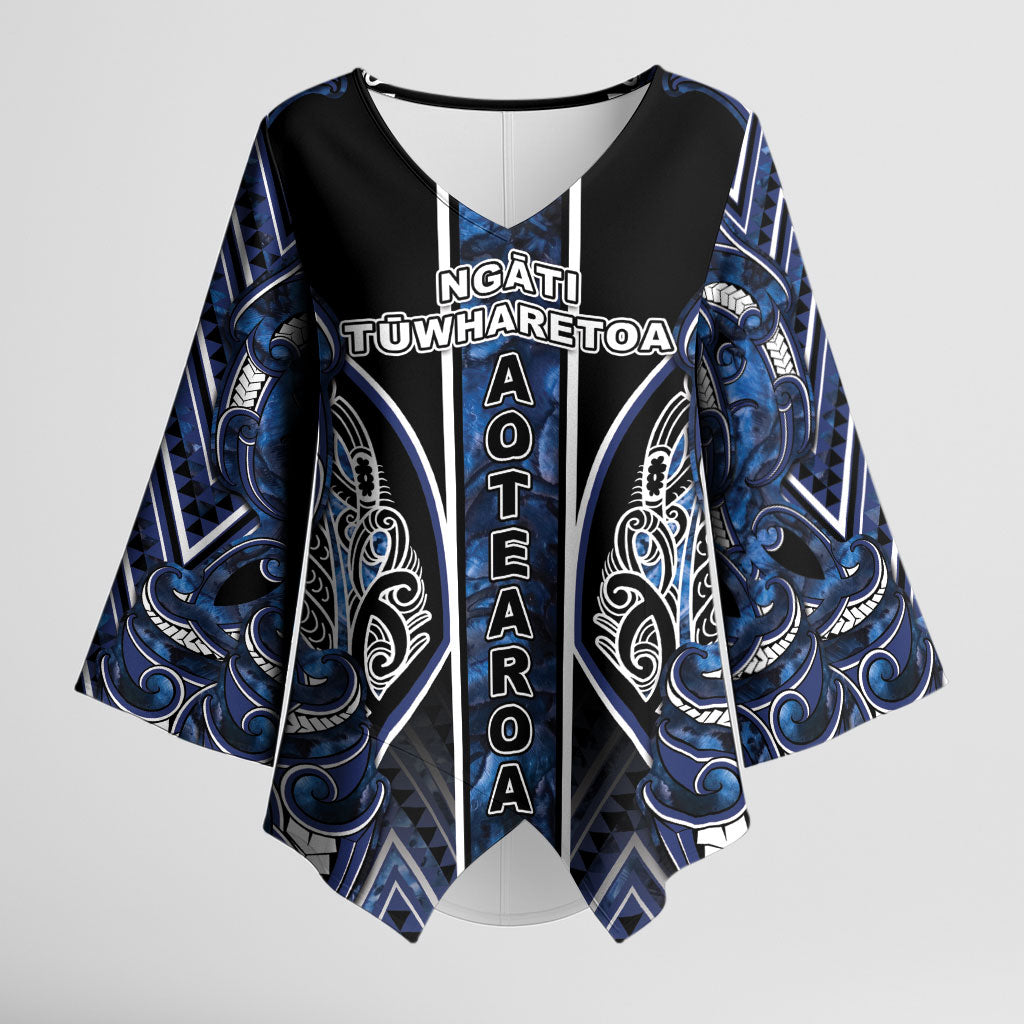Aotearoa Tuwharetoa Kimono Sleeve Blouse Maori Tribal Navy Paua Shell Pattern