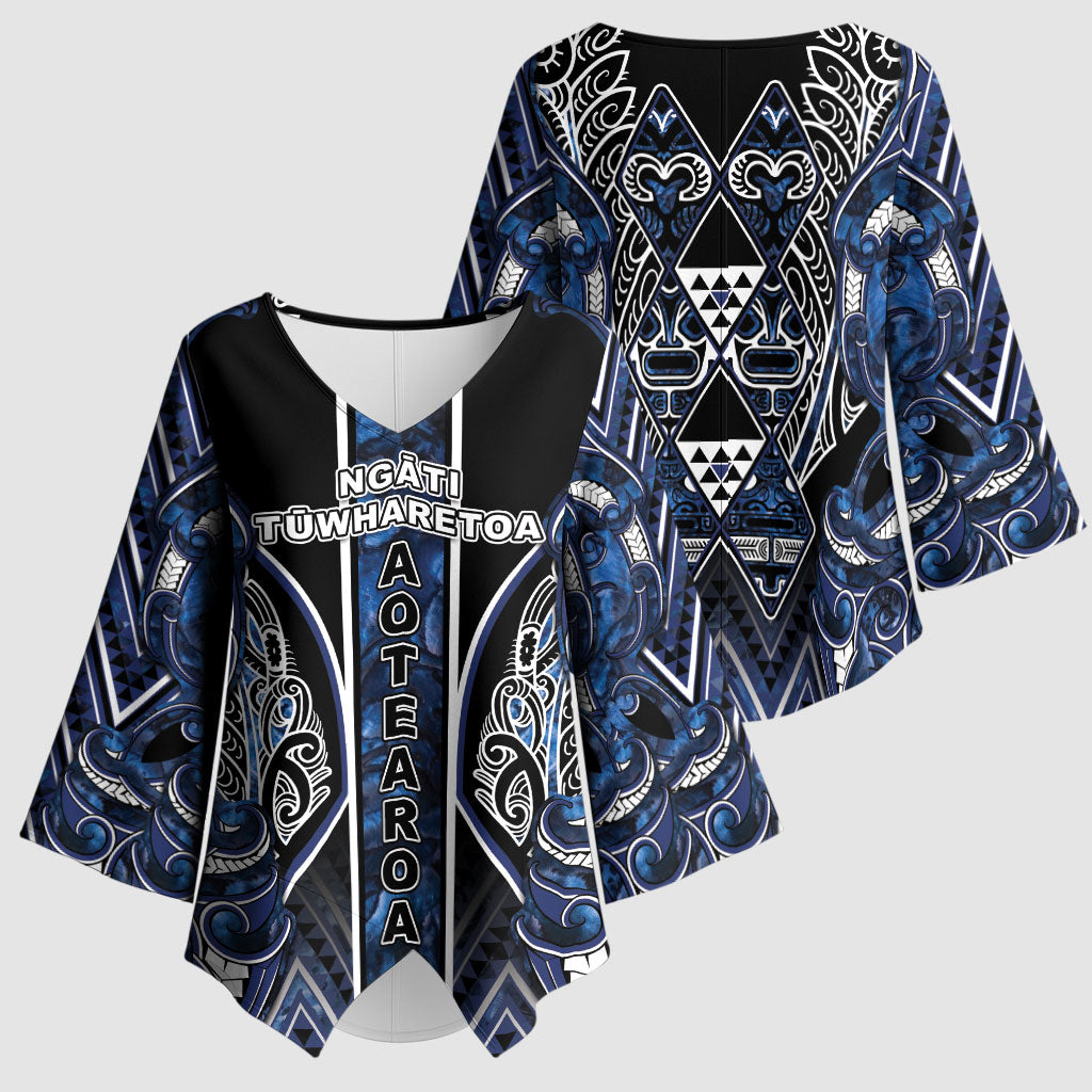 Aotearoa Tuwharetoa Kimono Sleeve Blouse Maori Tribal Navy Paua Shell Pattern