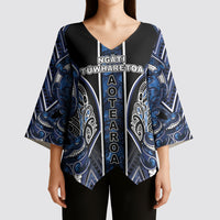 Aotearoa Tuwharetoa Kimono Sleeve Blouse Maori Tribal Navy Paua Shell Pattern