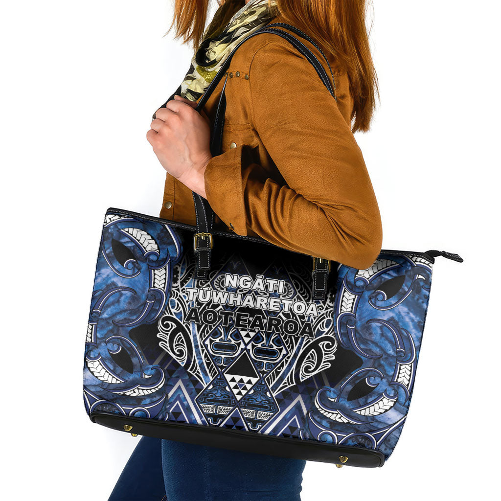 Aotearoa Tuwharetoa Leather Tote Bag Maori Tribal Navy Paua Shell Pattern DT05 Navy - Polynesian Pride