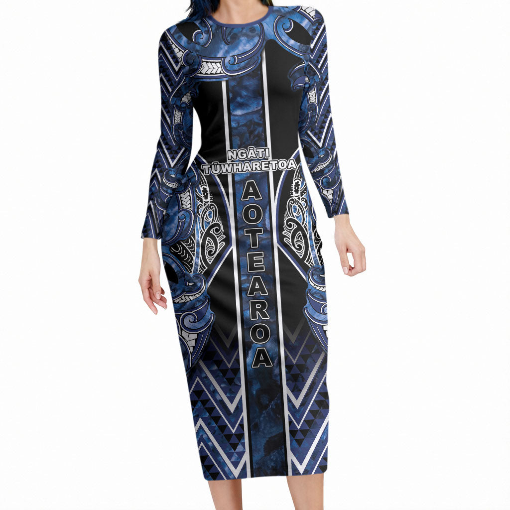 Aotearoa Tuwharetoa Long Sleeve Bodycon Dress Maori Tribal Navy Paua Shell Pattern DT05 Long Dress Navy - Polynesian Pride