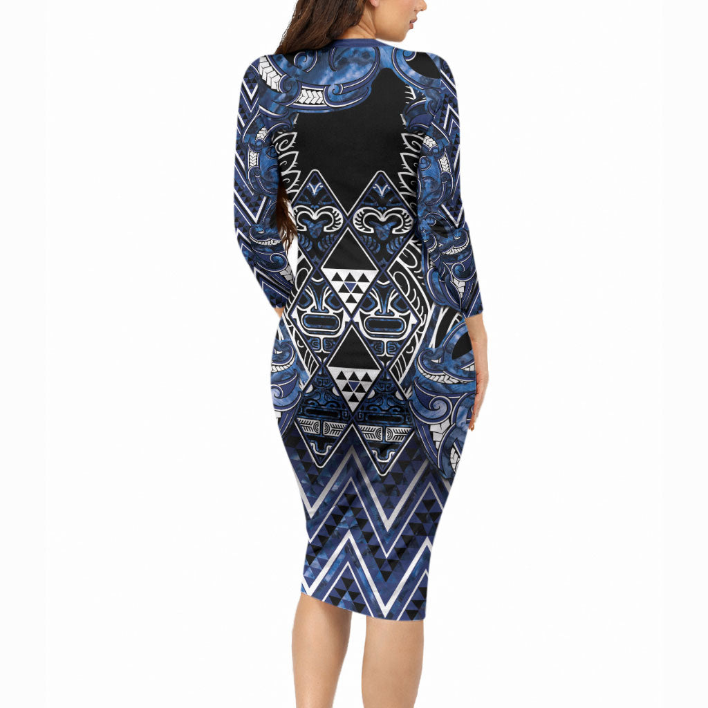 Aotearoa Tuwharetoa Long Sleeve Bodycon Dress Maori Tribal Navy Paua Shell Pattern