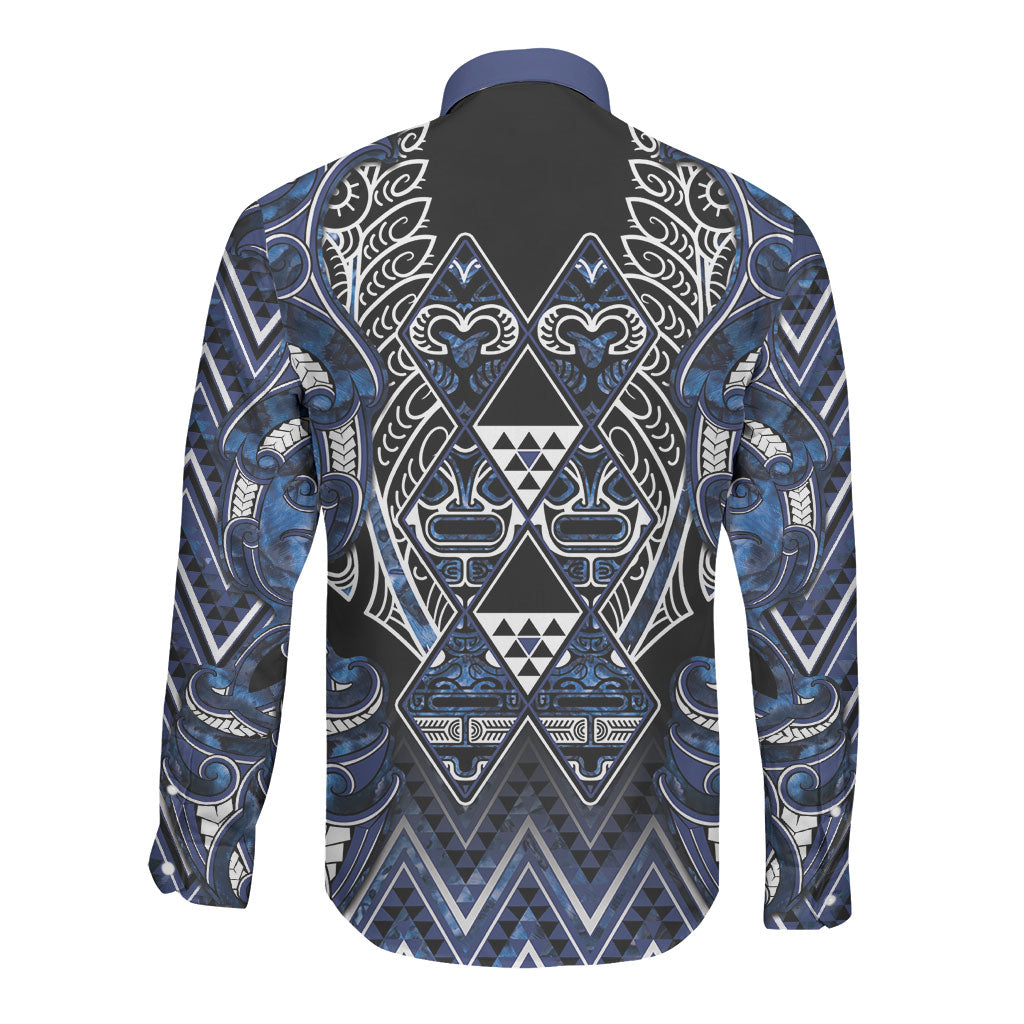 Aotearoa Tuwharetoa Long Sleeve Button Shirt Maori Tribal Navy Paua Shell Pattern