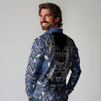 Aotearoa Tuwharetoa Long Sleeve Polo Shirt Maori Tribal Navy Paua Shell Pattern