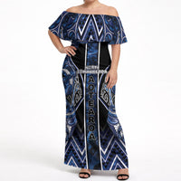 Aotearoa Tuwharetoa Off Shoulder Maxi Dress Maori Tribal Navy Paua Shell Pattern