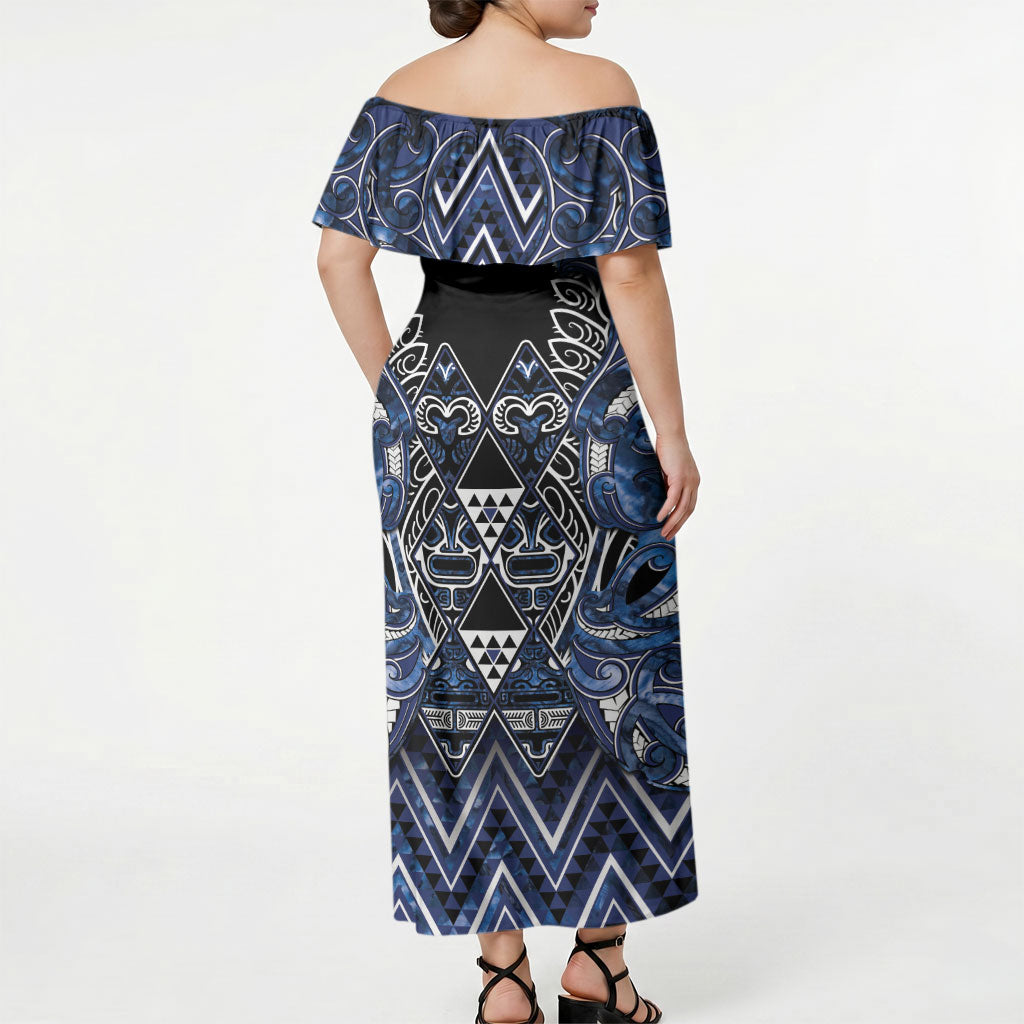 Aotearoa Tuwharetoa Off Shoulder Maxi Dress Maori Tribal Navy Paua Shell Pattern