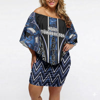 Aotearoa Tuwharetoa Off Shoulder Short Dress Maori Tribal Navy Paua Shell Pattern
