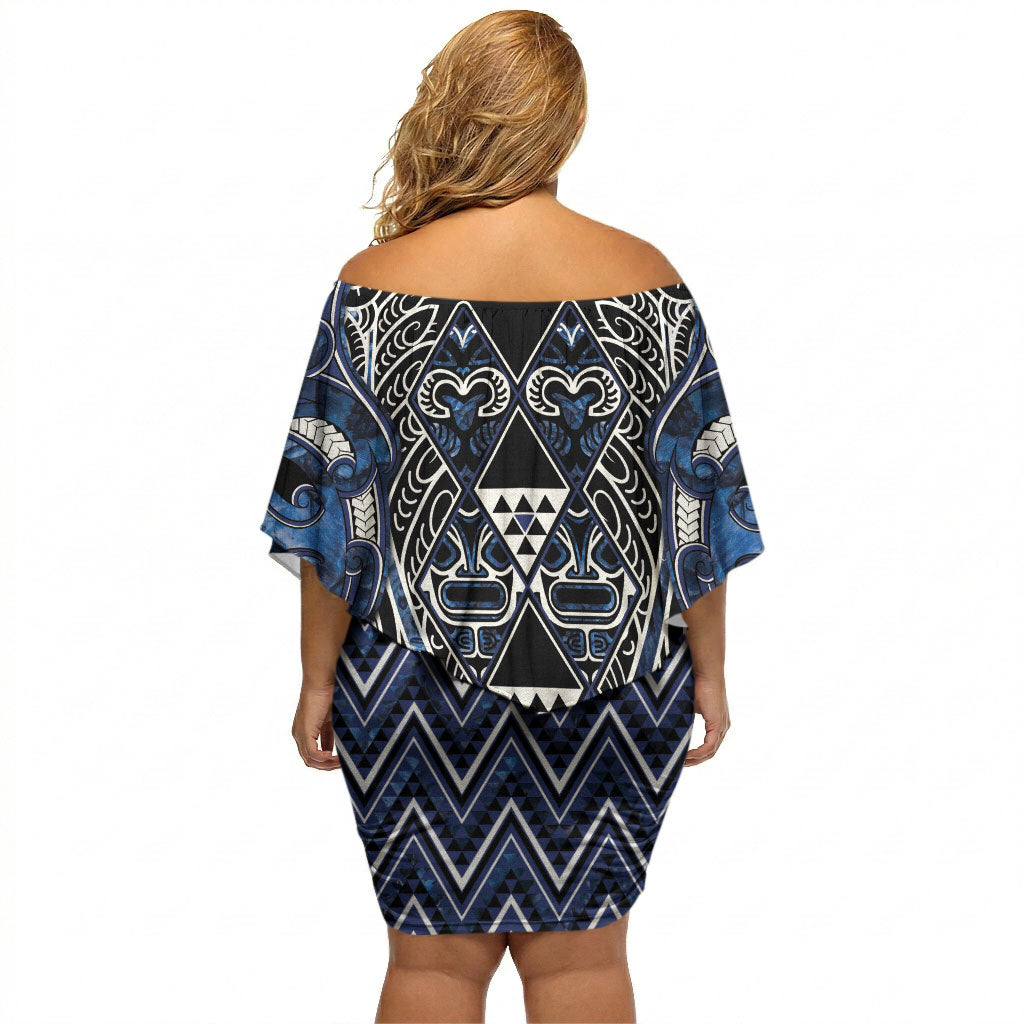 Aotearoa Tuwharetoa Off Shoulder Short Dress Maori Tribal Navy Paua Shell Pattern