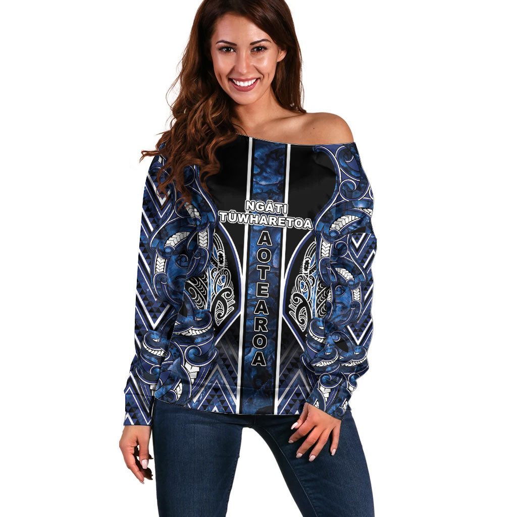 Aotearoa Tuwharetoa Off Shoulder Sweater Maori Tribal Navy Paua Shell Pattern