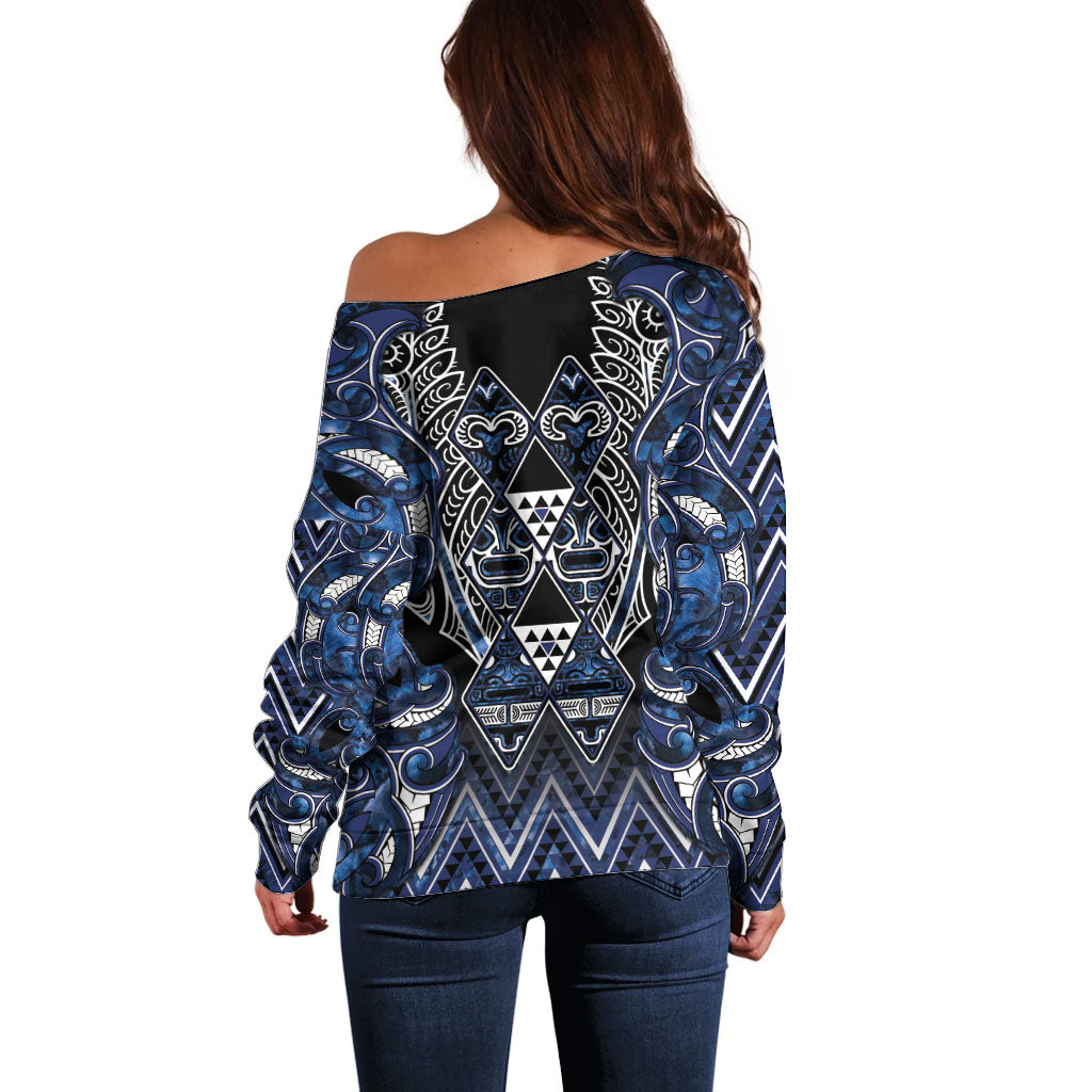Aotearoa Tuwharetoa Off Shoulder Sweater Maori Tribal Navy Paua Shell Pattern