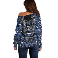 Aotearoa Tuwharetoa Off Shoulder Sweater Maori Tribal Navy Paua Shell Pattern