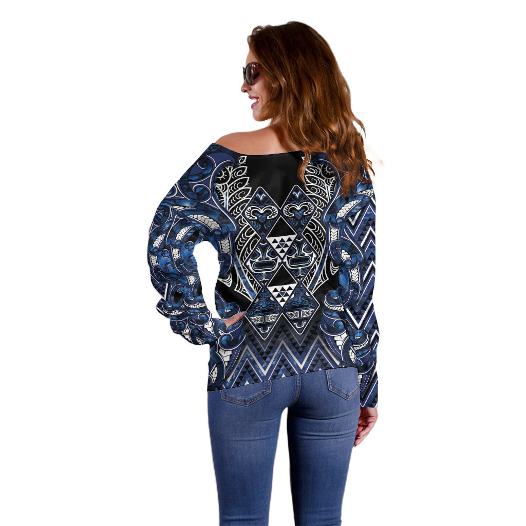 Aotearoa Tuwharetoa Off Shoulder Sweater Maori Tribal Navy Paua Shell Pattern