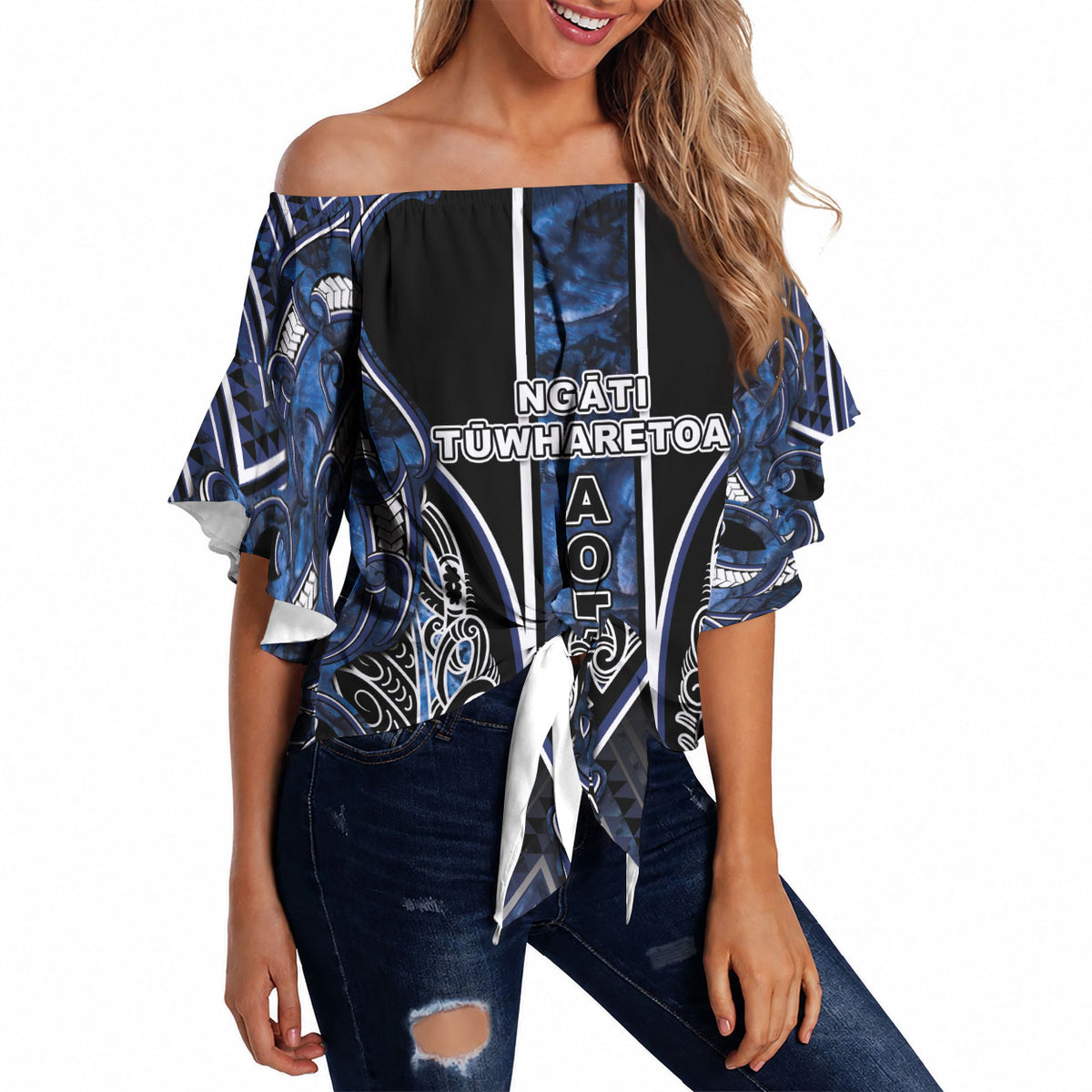 Aotearoa Tuwharetoa Off Shoulder Wrap Waist Top Maori Tribal Navy Paua Shell Pattern
