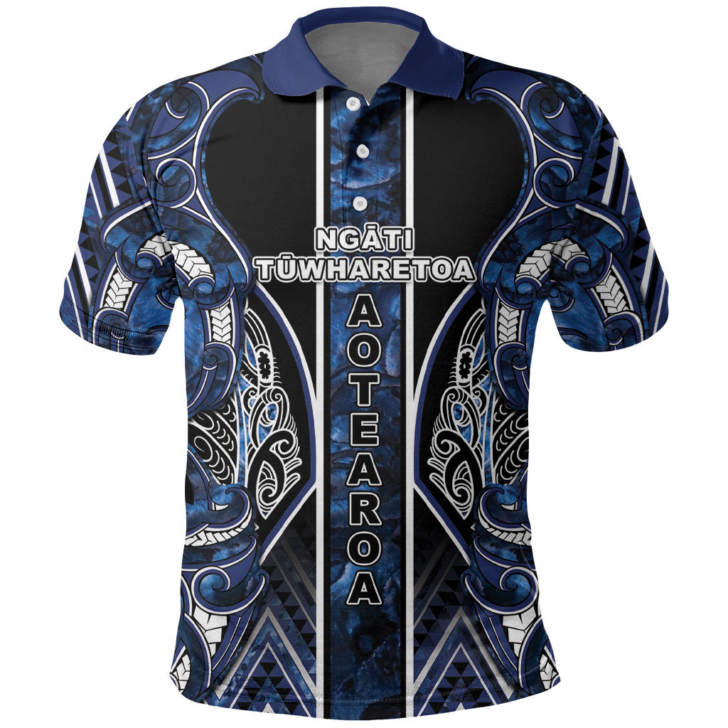 Aotearoa Tuwharetoa Polo Shirt Maori Tribal Navy Paua Shell Pattern DT05 Navy - Polynesian Pride