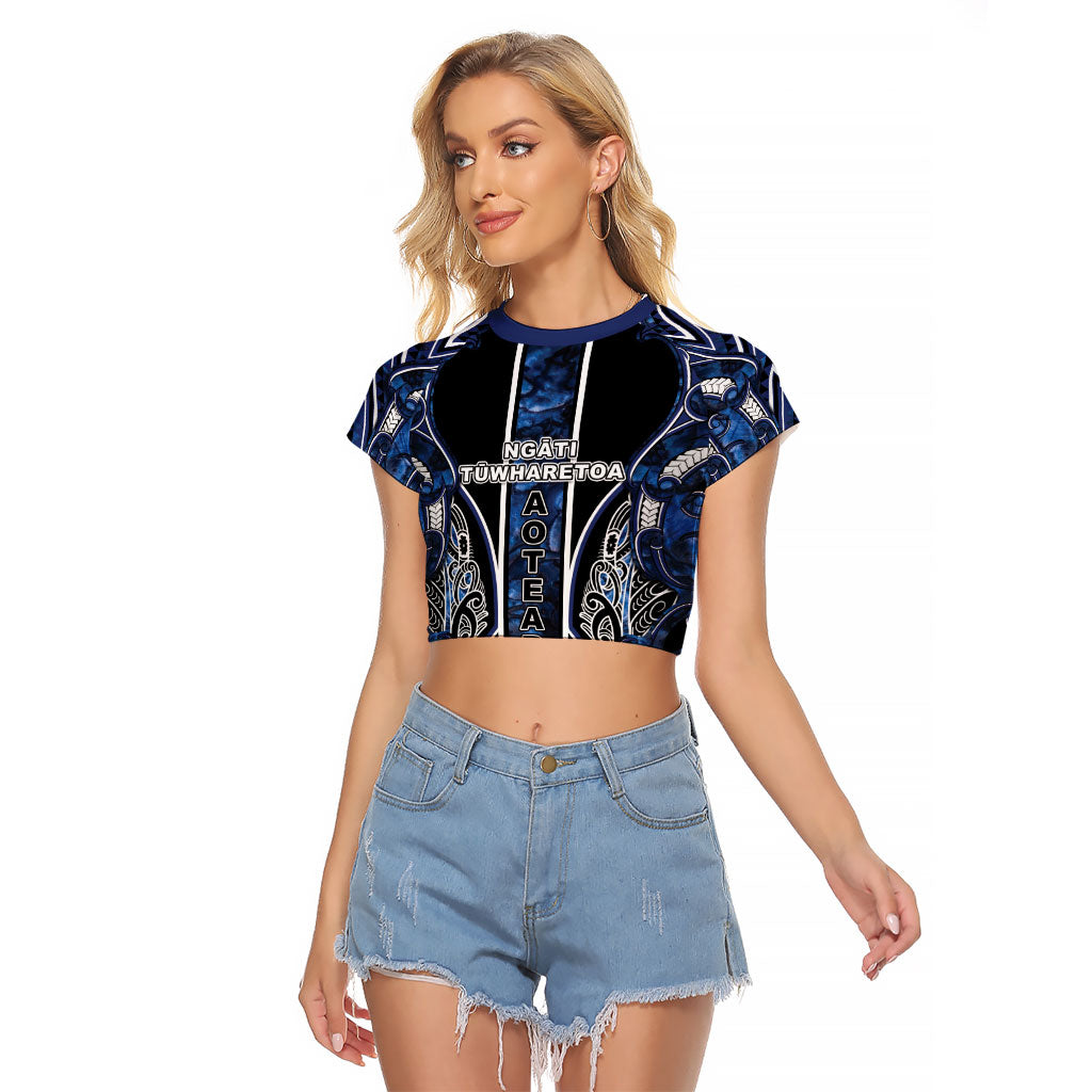Aotearoa Tuwharetoa Raglan Cropped T Shirt Maori Tribal Navy Paua Shell Pattern DT05 Female Navy - Polynesian Pride