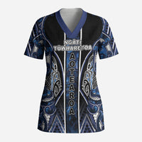 Aotearoa Tuwharetoa Scrub Top Maori Tribal Navy Paua Shell Pattern