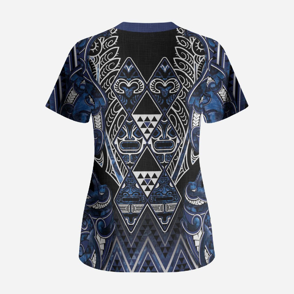 Aotearoa Tuwharetoa Scrub Top Maori Tribal Navy Paua Shell Pattern