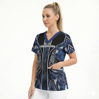 Aotearoa Tuwharetoa Scrub Top Maori Tribal Navy Paua Shell Pattern