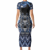 Aotearoa Tuwharetoa Short Sleeve Bodycon Dress Maori Tribal Navy Paua Shell Pattern