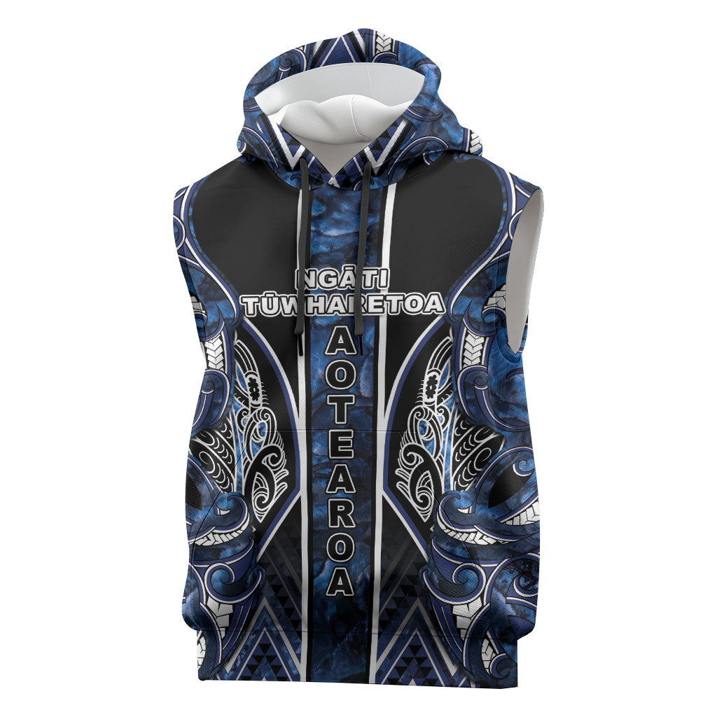 Aotearoa Tuwharetoa Sleeveless Hoodie Maori Tribal Navy Paua Shell Pattern DT05 Navy - Polynesian Pride