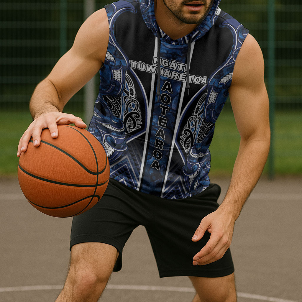 Aotearoa Tuwharetoa Sleeveless Hoodie Maori Tribal Navy Paua Shell Pattern