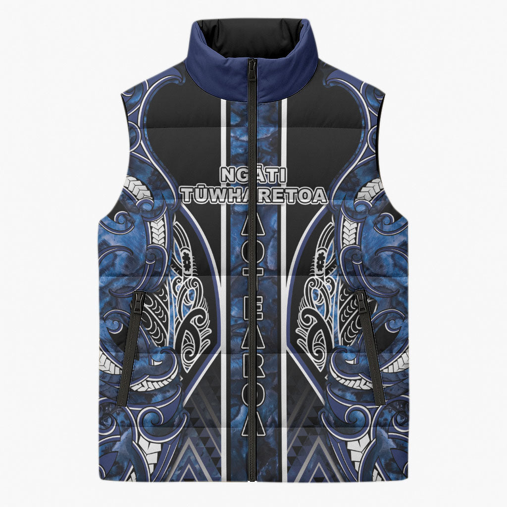 Aotearoa Tuwharetoa Sleeveless Puffer Jacket Maori Tribal Navy Paua Shell Pattern DT05 Unisex Navy - Polynesian Pride