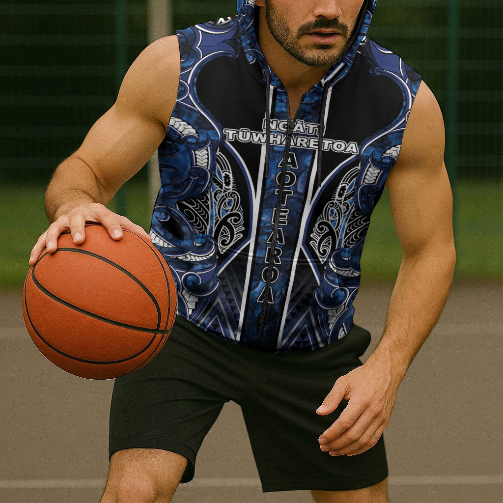 Aotearoa Tuwharetoa Sleeveless Zip Hoodie Maori Tribal Navy Paua Shell Pattern