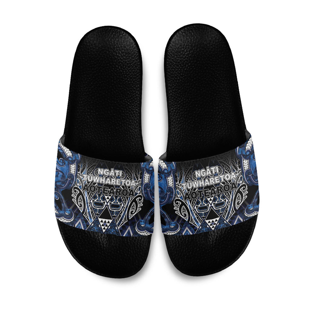 Aotearoa Tuwharetoa Slide Sandals Maori Tribal Navy Paua Shell Pattern