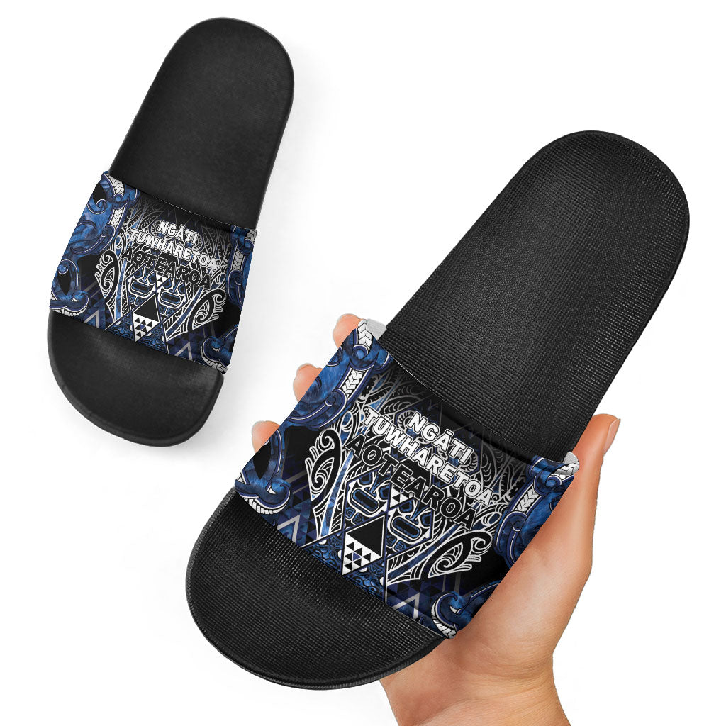 Aotearoa Tuwharetoa Slide Sandals Maori Tribal Navy Paua Shell Pattern