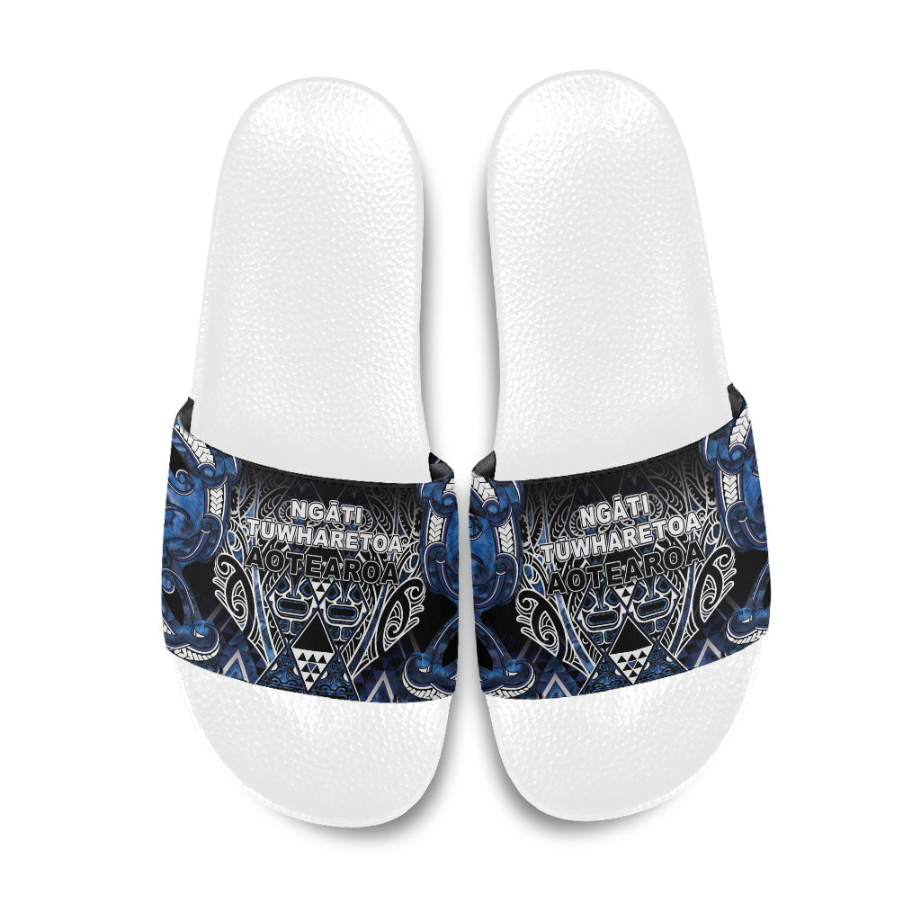 Aotearoa Tuwharetoa Slide Sandals Maori Tribal Navy Paua Shell Pattern