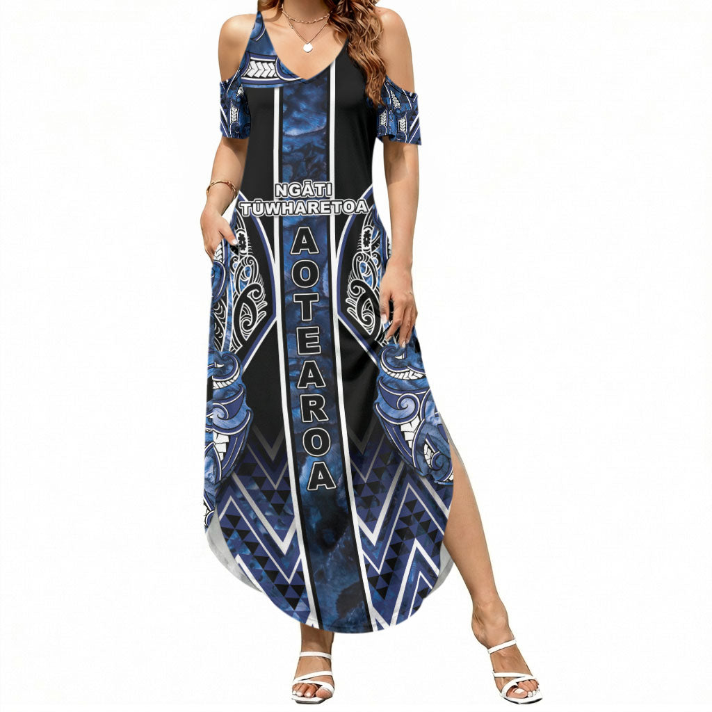 Aotearoa Tuwharetoa Summer Maxi Dress Maori Tribal Navy Paua Shell Pattern