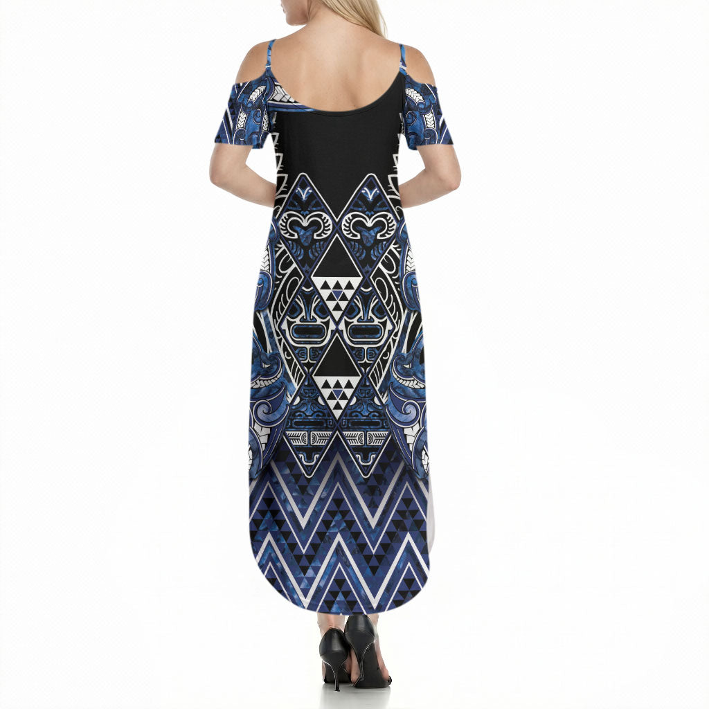 Aotearoa Tuwharetoa Summer Maxi Dress Maori Tribal Navy Paua Shell Pattern