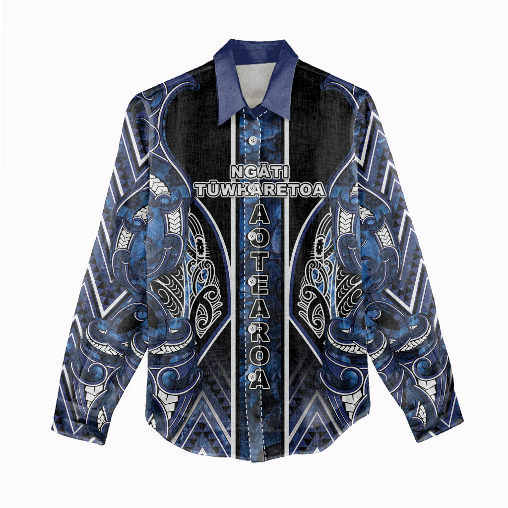 Aotearoa Tuwharetoa Women Casual Shirt Maori Tribal Navy Paua Shell Pattern