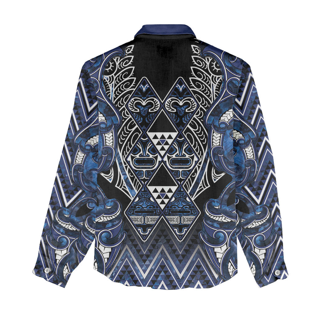 Aotearoa Tuwharetoa Women Casual Shirt Maori Tribal Navy Paua Shell Pattern